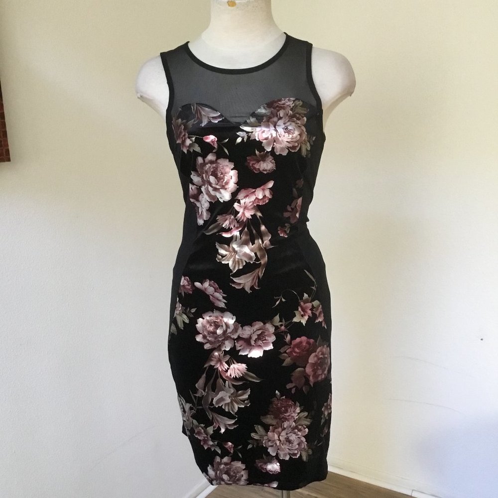 IPONA Roses Printed Short Dress Pencil Backless  Shiny Mixed Fabric Mesh Party M